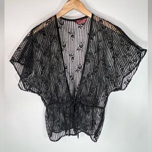 Vintage Black Tie-Front Sheer Lace Coverup Top